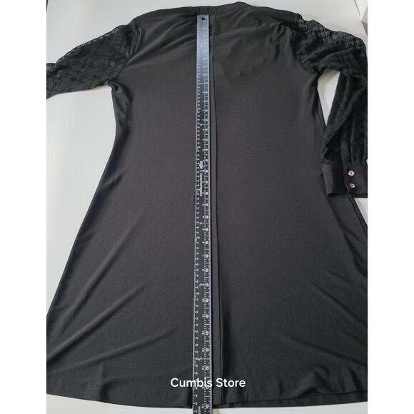 Tommy Hilfiger Dress Womens 10 Black V-Neck Long Sleeve Sheer Flocked A-Line - Picture 16 of 16